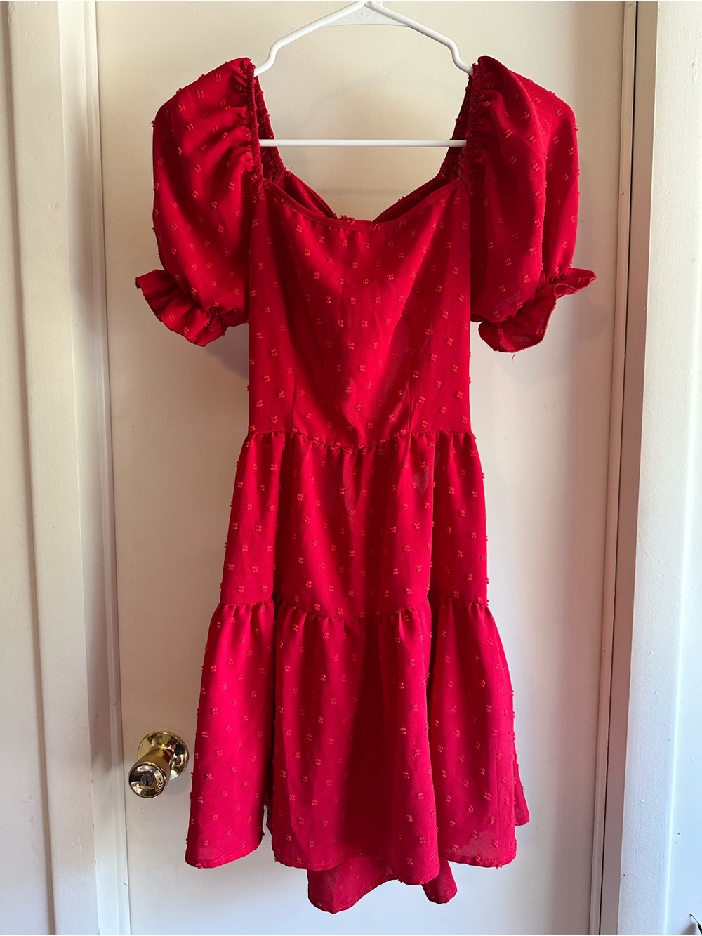 Red Puff-Sleeve Tiered Dress